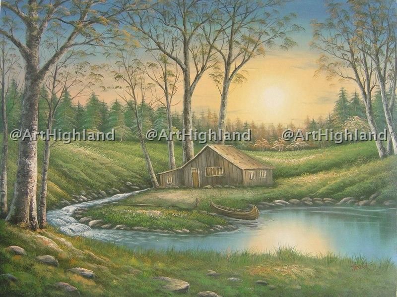 Rural Landscape Oil Paintings Canvas Art Cabin by Lake