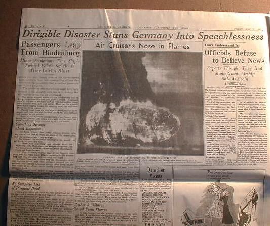 1937 Newspaper Airship Hindenburg Explodes Big Headline