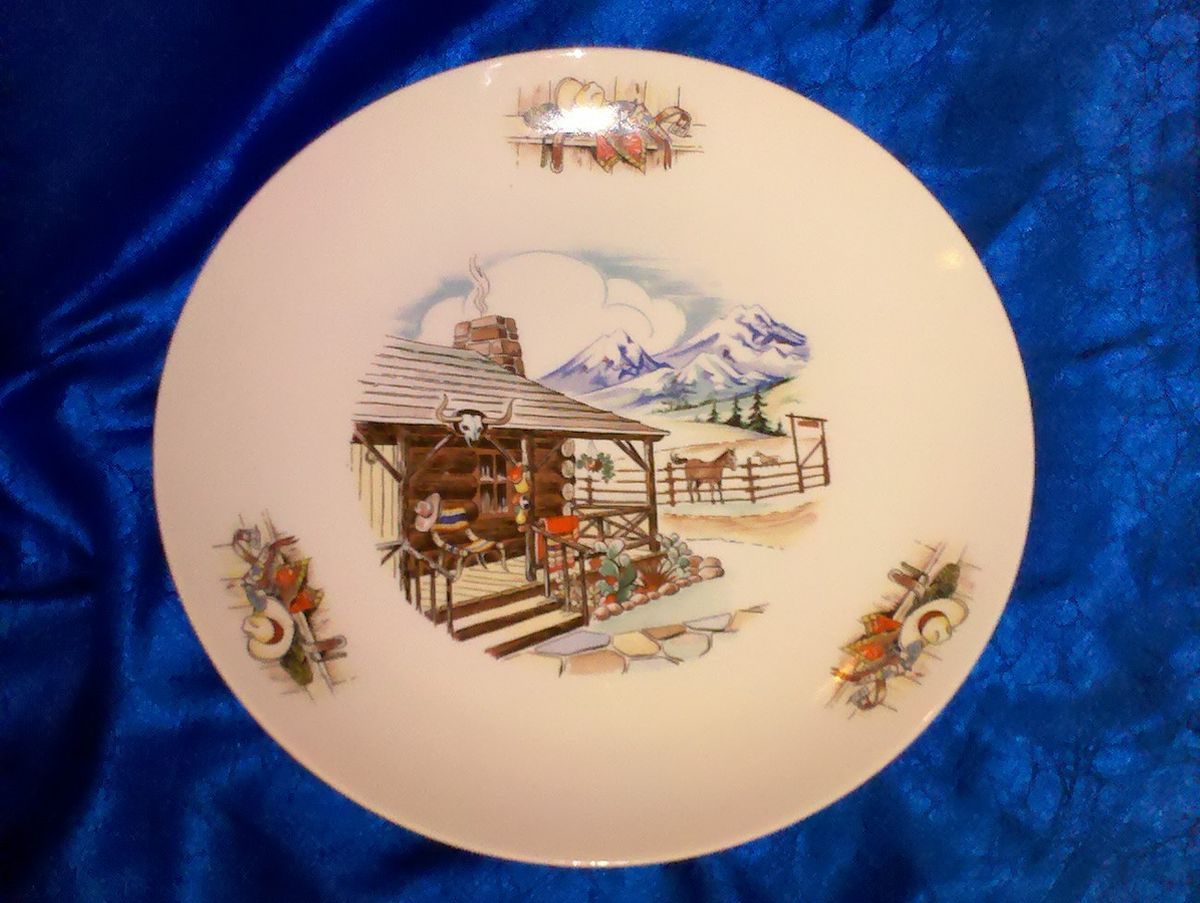 HOMER LAUGHLIN RHYTHM DINNER PLATE GREAT VIVID WESTERN COWBOY PATTERN