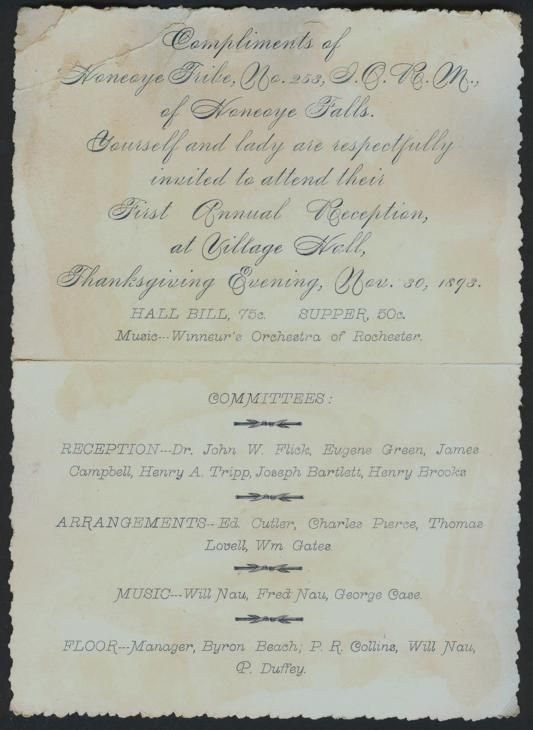 1893 Iorm Indian Party Invitation Card Honeoye Falls NY