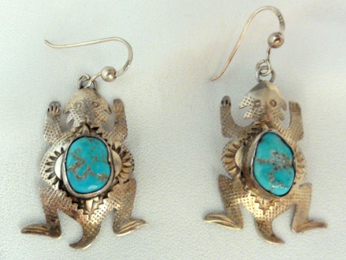 Vtg Southwest Horned Lizard Sterling Silver Turquoise Earrings Mike