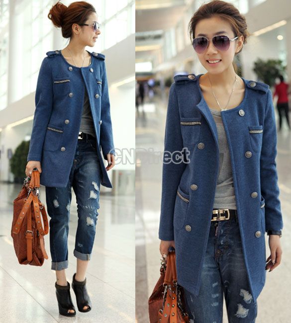 HOT Womens Lady Double Breasted Crew neck Slim Trench Coat Outwear