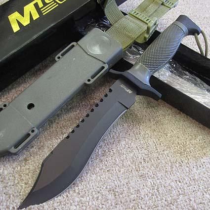 12 Combat BOWIE Hunting KNIFE w /ABS Leg Sheath   Blk Blade   MTech