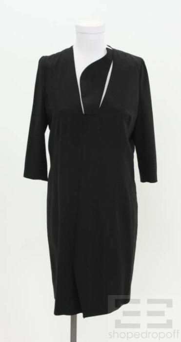 Hussein Chalayan Black Wool Cut Out 3 4 Sleeve Straight Dress Size 42