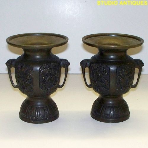   JAPANESE USUBATA VASE Bronze IKEBANA FLOWER Matched Pair Vases JAPAN