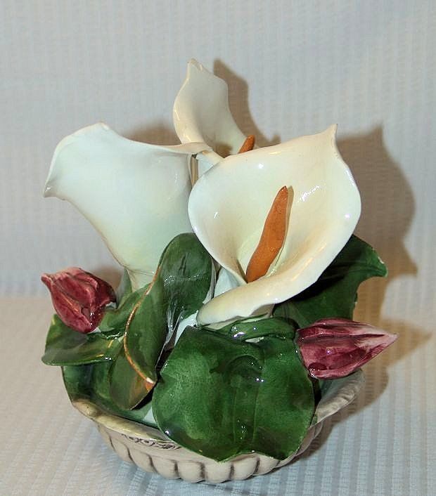  Calla Lily Flower in A Basket Figurine Italian Pottery