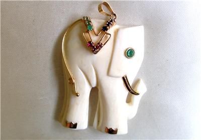 Lovely 14k Gold Faux Ivory Elephant Pendant with Semi Precious Stones