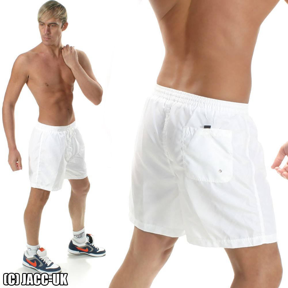 NEW L Mens White Drawstring Nylon Swim Shorts Mans Sheer Swimming Gym