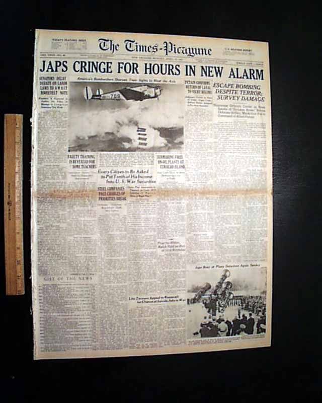 1942 World War II Newspaper Doolittle RAID James Jimmy Japan Bombers