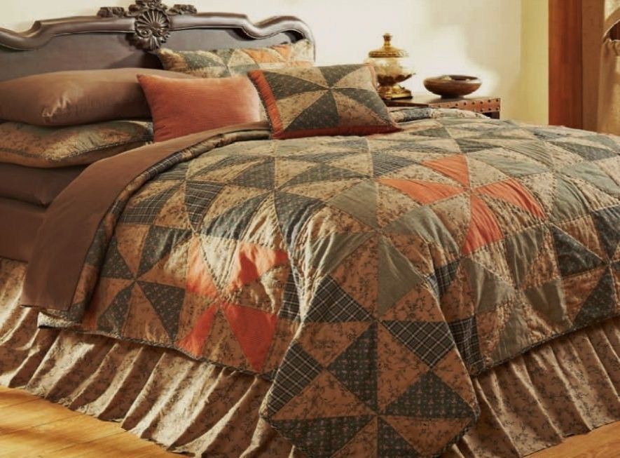 JAMESPORT Full/Queen 4pc Quilt & Shams Primitive Tan Pinwheel Vintage