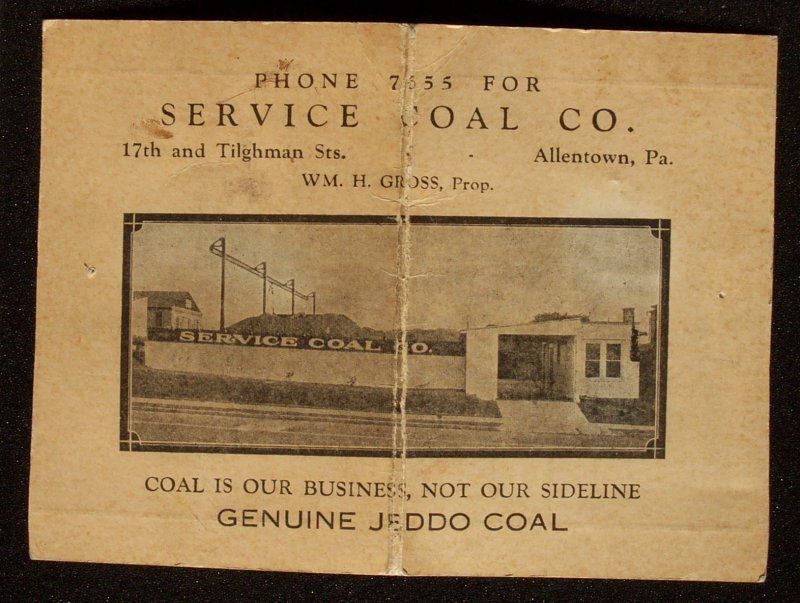 1930s Service Coal Co Jeddo Coal Gross Allentown PA