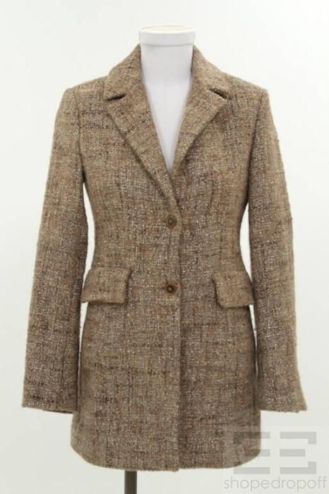 Jil Sander Taupe Cream Metallic Tweed Button Up Coat Size 38