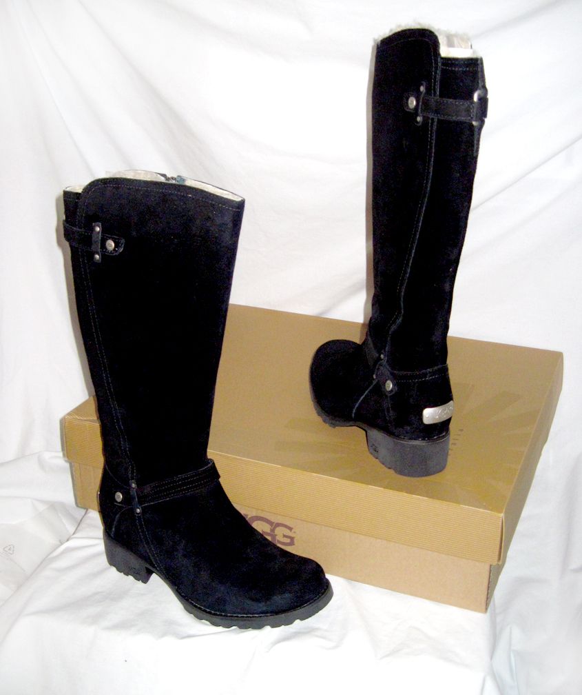 UGG JILLIAN BLACK SUEDE Sz 9 5 Stylish FUR LINED RIDING BOOTS BRAND