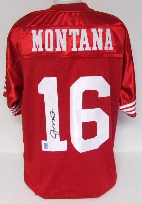 Joe Montana Autographed Red Jersey Montana Holo SI