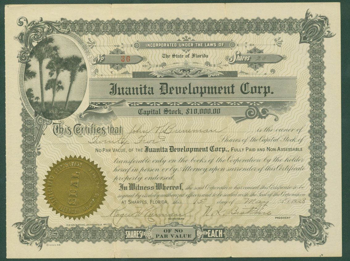 Juanita Development Corp 24 Shares Sharpes Florida  