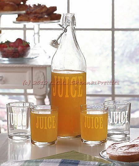 New Retro Juice Corked Bottle Pitcher 4 Glass Set Tumbler Glasses Vtg Imprinted  