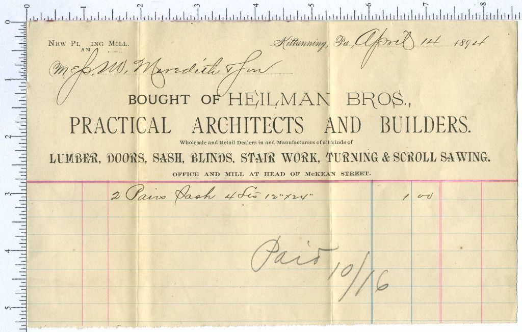 Bros Architect Builder Kittanning PA 1894 Billhead Carpenter