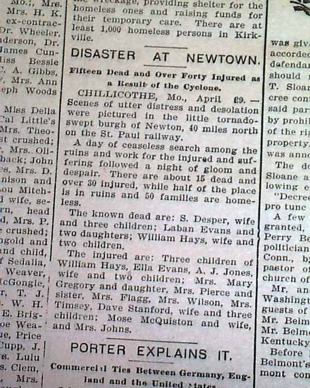 1899 Old Newspaper Kirksville MO Missouri Adair County Tornado Cyclone