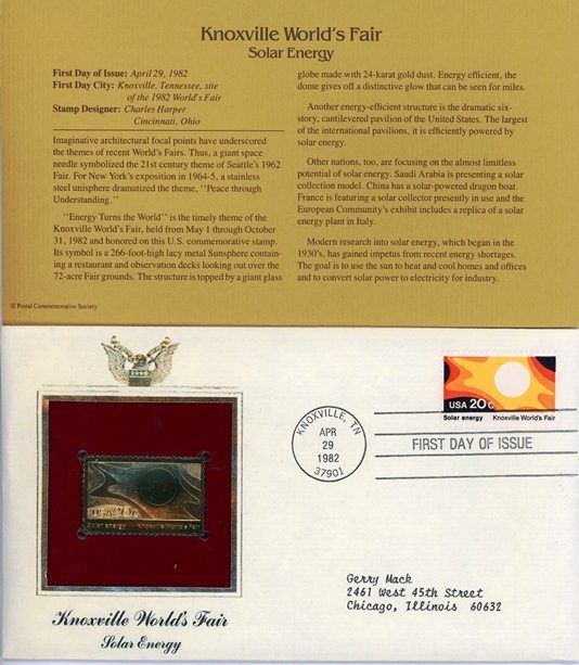 Knoxville Worlds Fair Solar Energy 1982 FDC Gold Stamp Replica JB283