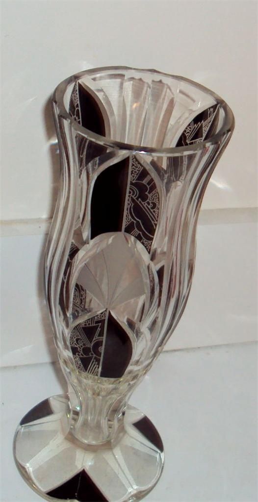 Antique 20s 1930s Karl Palda Art Deco Czech Cut Glass Vase Black