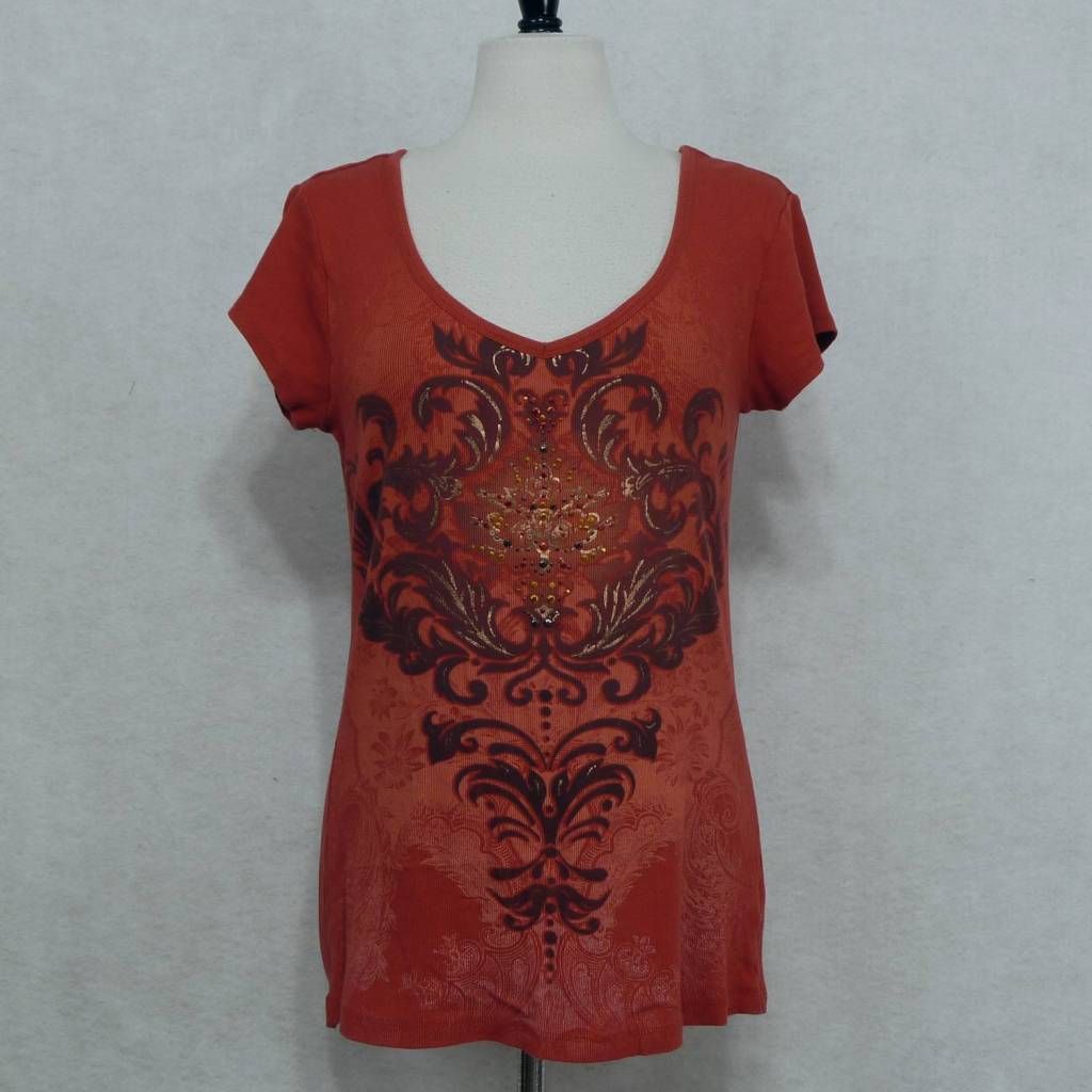 TONI KYM brick red scoop neck embellished ss ribbed jersey knit top t