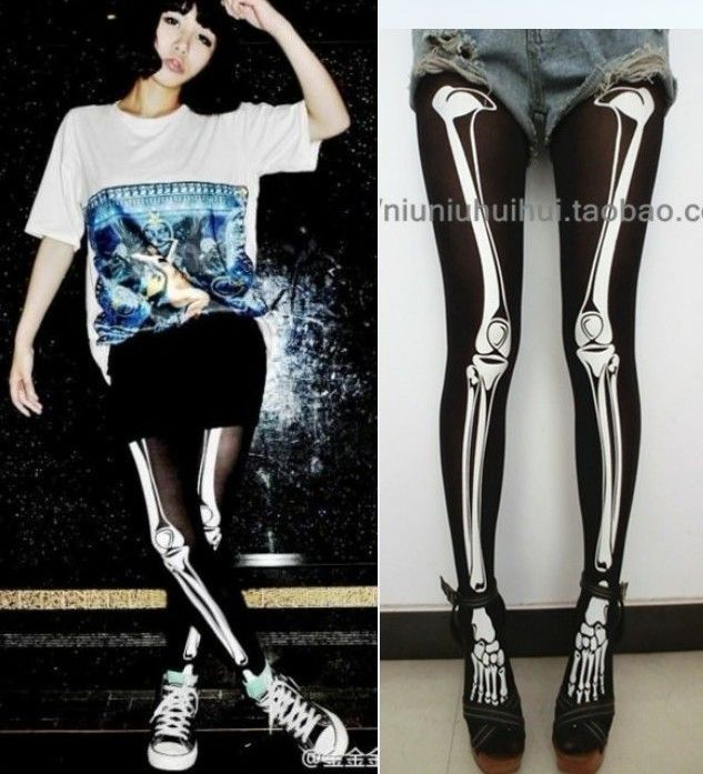 Bones Printed Skeleton Elastic Waistband Black Tights Leggings Legwear