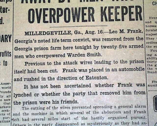 Leo Frank Lynched Hanged Mary Phagan 1915 Newspaper Mob