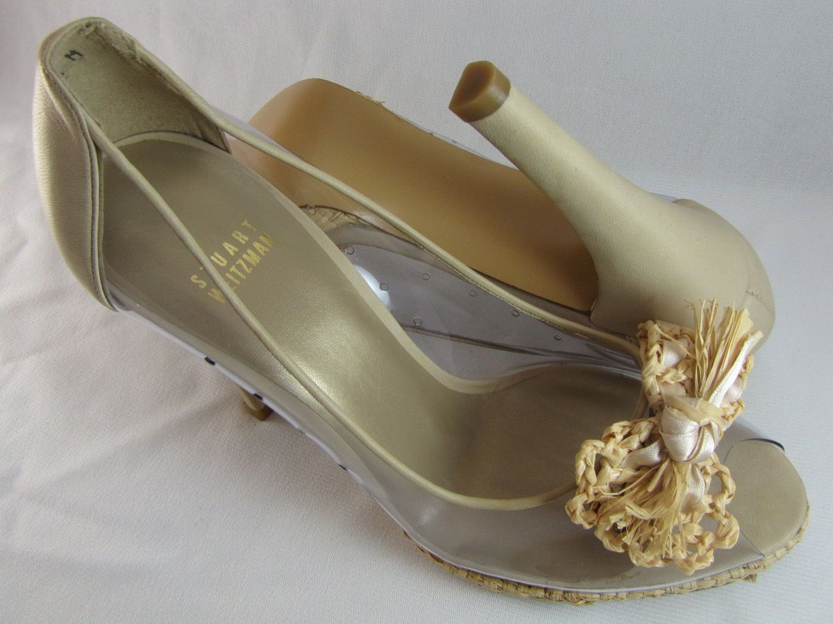 Stuart Weitzman Womens Aviary Clear Tan Bow Peep Toe Pumps Heels Shoes