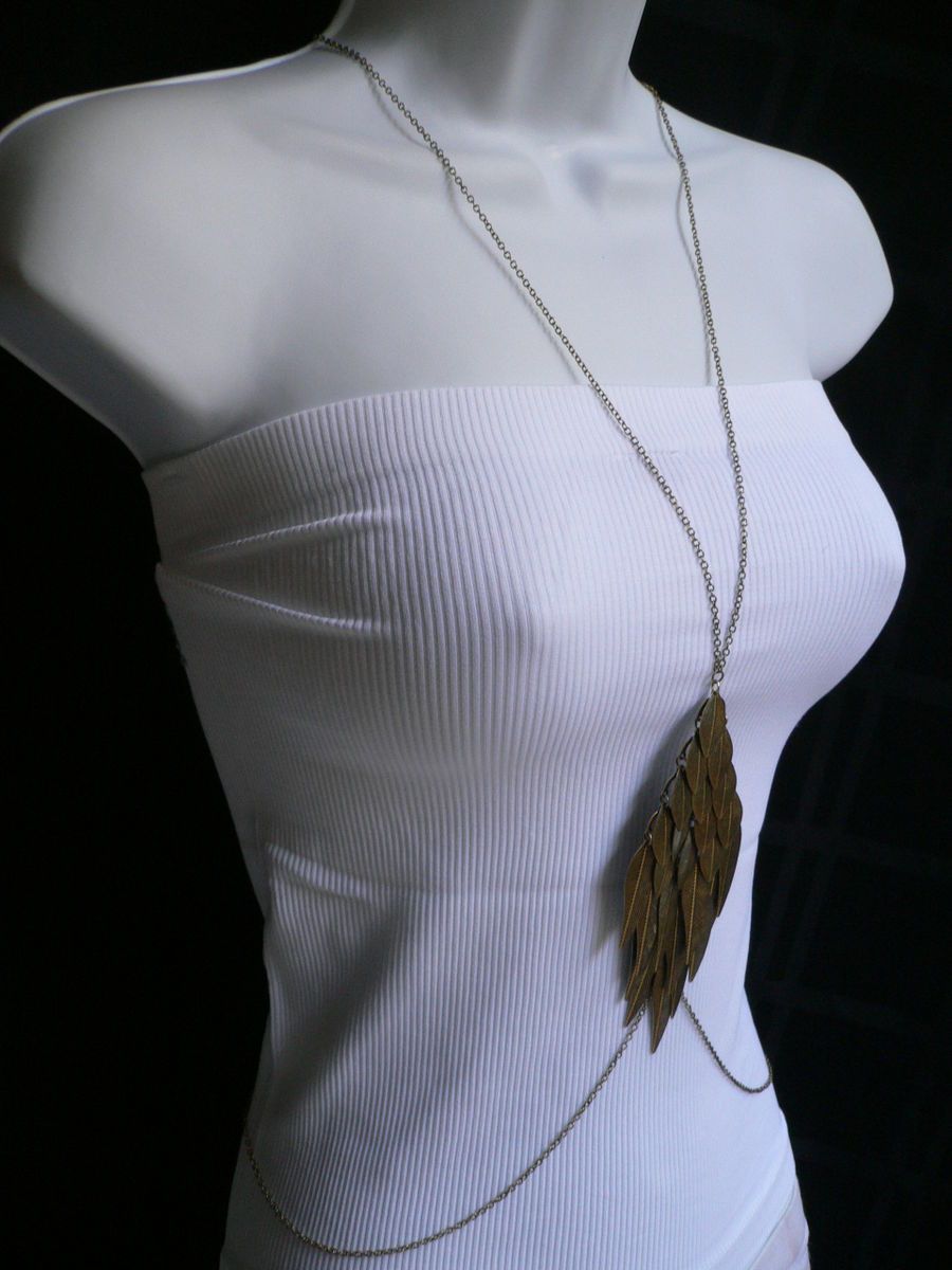 NEW WOMEN LONG NECKLACE ANGEL WINGS RUSTY GOLD FASHION METAL BODY