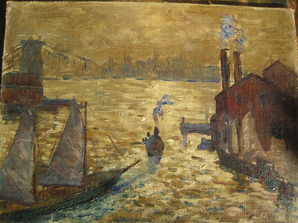 LIGHT, EAST RIVER, 1930s Oil by N.Y.C. Artist C.V. King Listed Artist