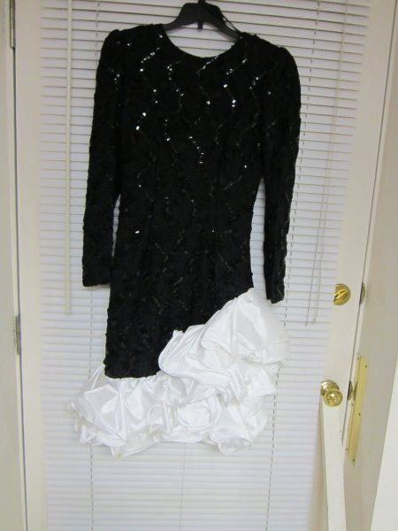 Vintage Black Dress Size 7 8 with White Ruffle 80s Prom Dance