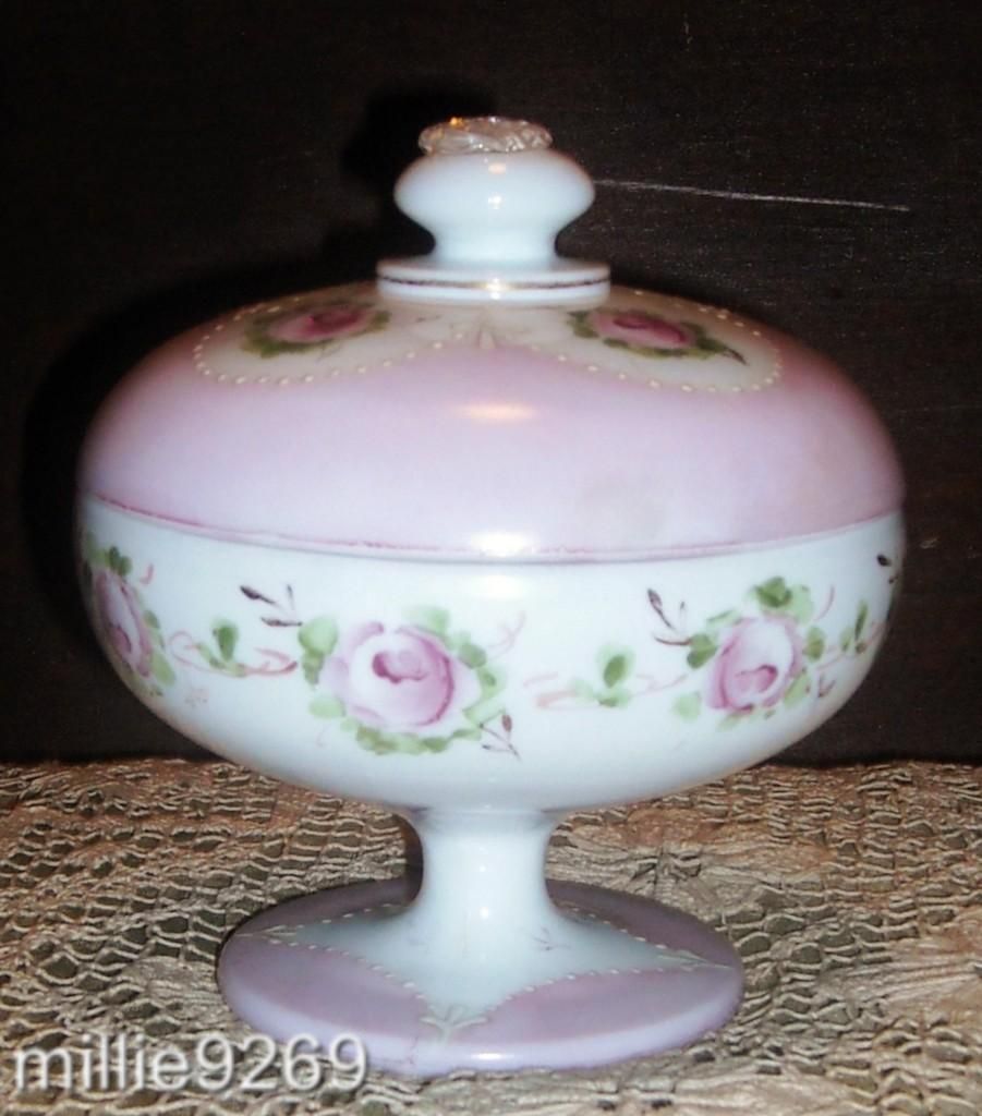 Scarce Fenton Covered Candy Dish Charleton Pink Mist & Roses 1948 54