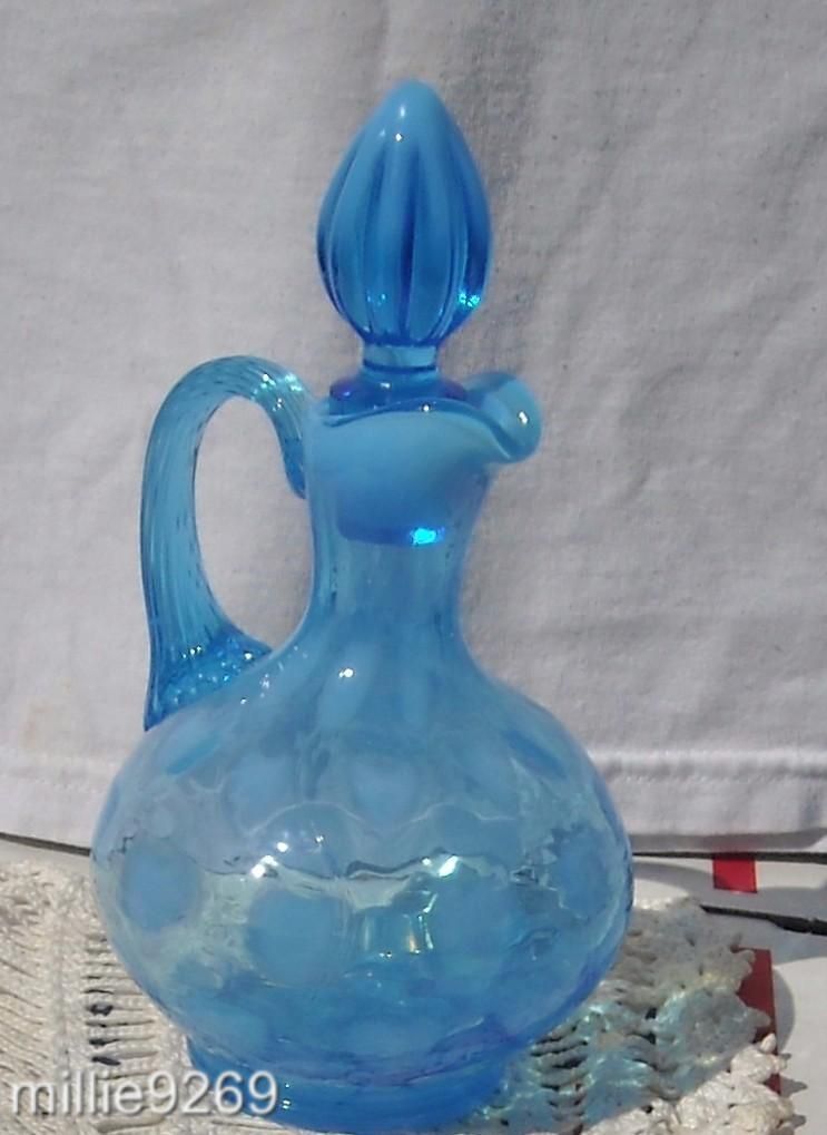 Beautiful Fenton Blue Opalescent Cruet with Hearts Original Stopper