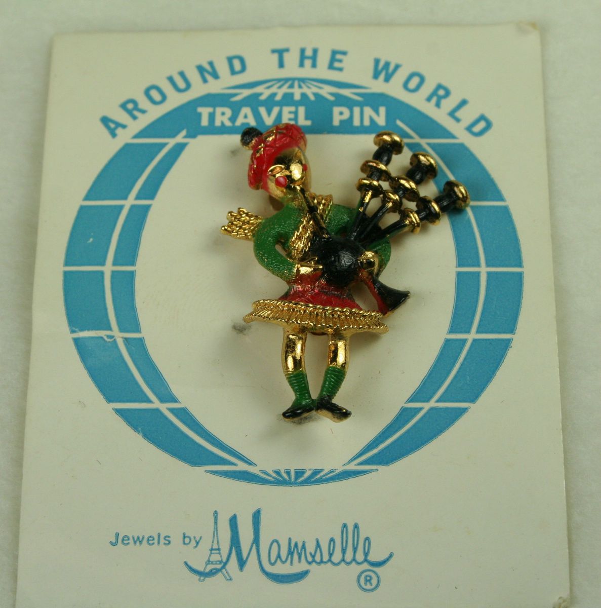 Vintage Enamel Figural Bagpipes Signed Mamselle Original Card