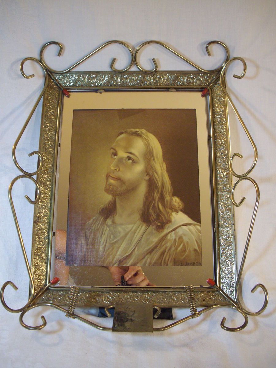 Vintage Mirrored Jesus Picture Hanging Stands with Ink Pen Holder / L