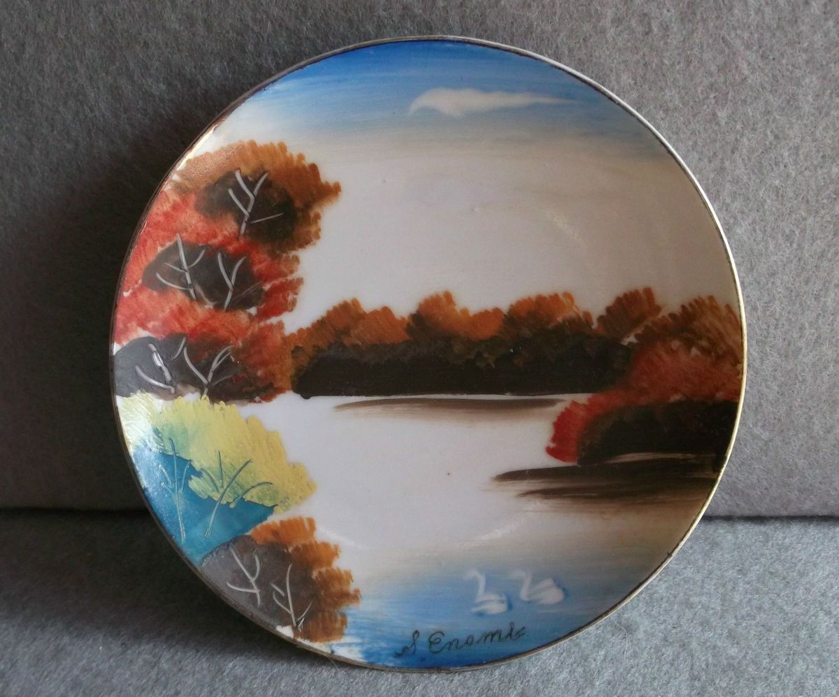 Hand Painted Autumn Lake landscape Occupied Japan Gilt Rim decorative