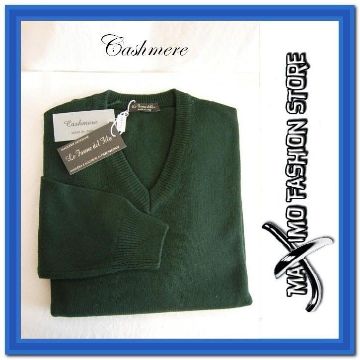 Maglia Pullover Uomo TG M Scollo V Verde Lana Cashmere Seta Made in