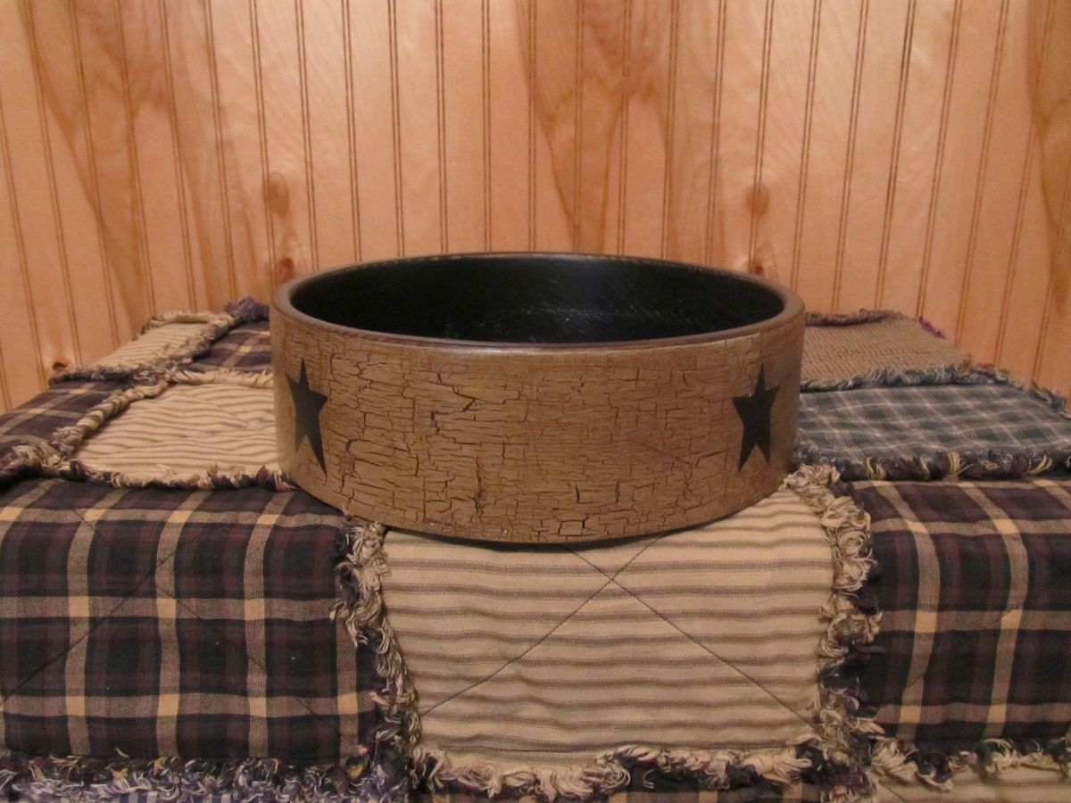 Primitive Wood Large Bowl Black Tan Crackle Country Star Decor