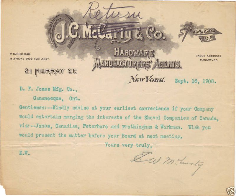 1908 Letterhead J C McCarty Co Hardware Agents NYC NY