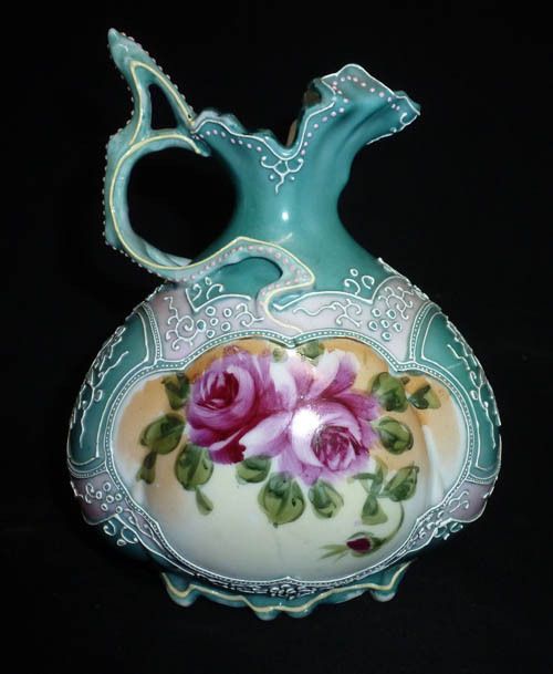 ANTIQUE 1900 NIPPON PORCELAIN MELLON RIB EWER VASE W MORIAGE ENAMEL