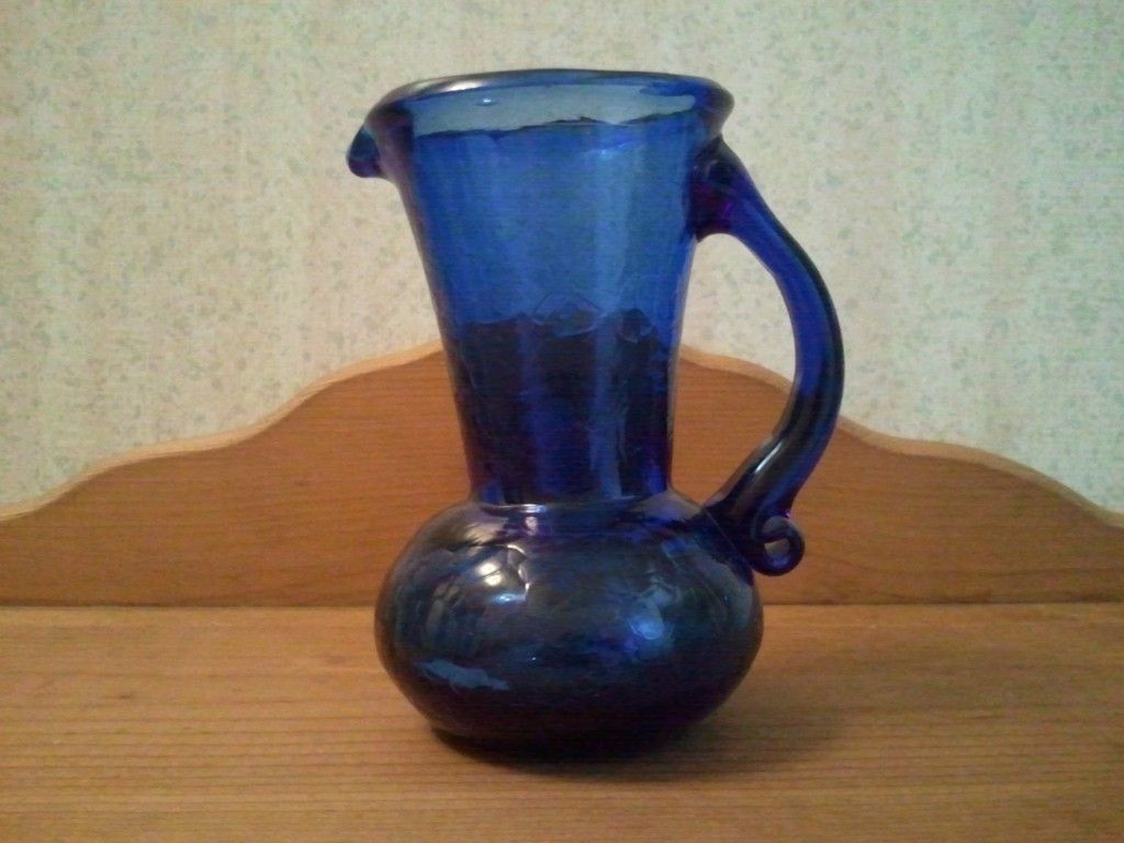 Vintage Cobalt Blue Crackle Glass Mini Pitcher