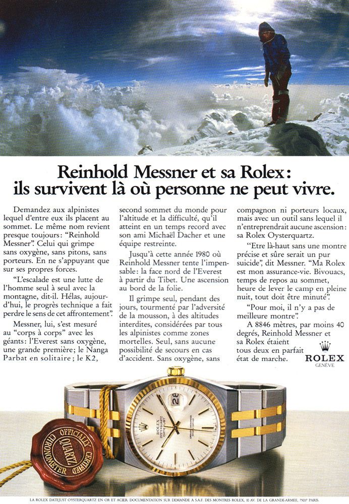 Rolex Datejust Oysterquartz Mens Watch Messner 1987 Print Ad