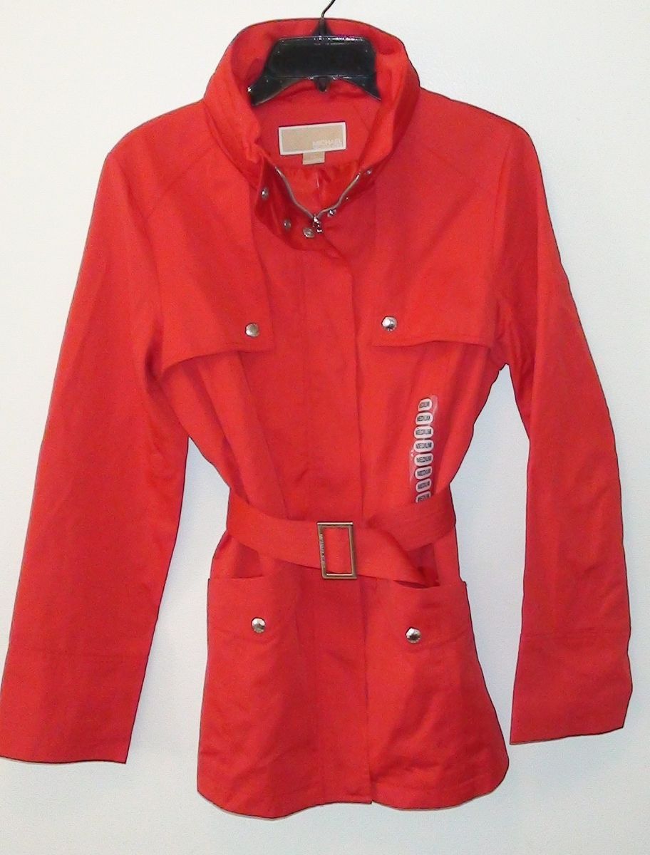 Michael Kors RED TRENCH Hood Belt Pockets Lined Rain Spring Travel