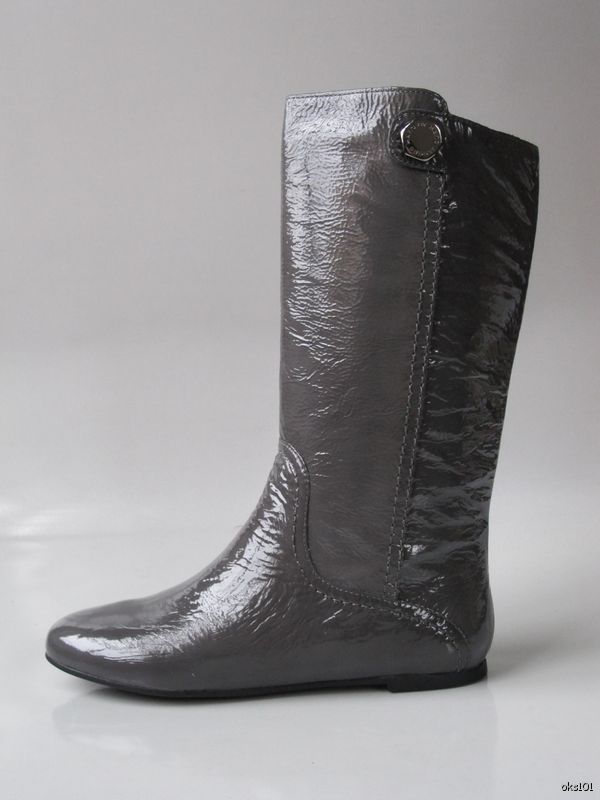 New $499 Marc Jacobs Logo Stud Gray Patent Leather Flat Boots
