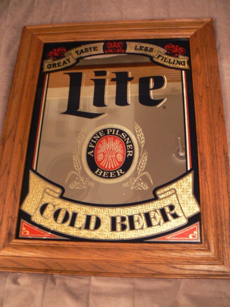 Miller Lite Cold Beer Mirror Advertising Bar Sign Oak Frame