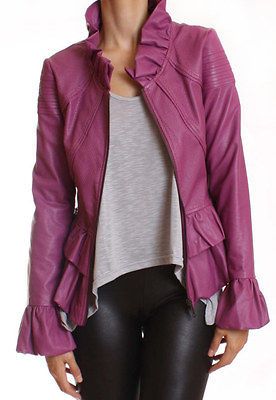 RUFFLE COLLAR CUFF PURPLE VEGAN LEATHER ZIPPER FRONT JACKET PERFORATED