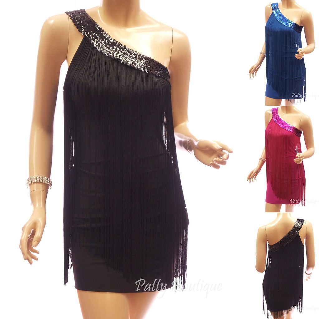 Sexy Sequins One Shoulder Fringe Cocktail Party Mini Dress