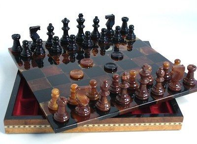 ALABASTER MARBLE CHESS & CHECKER SET   ROOTBEER/BLACK BOARD 13½ K=3