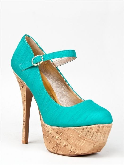 NEW QUPID Women Mary Jane Cork Platform Silk Heel Pump Aqua Green Mint