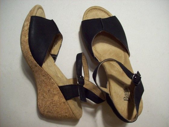 Bass Haven Black Canvas Cork Platform Heel Ankle Strap Sandals Shoes